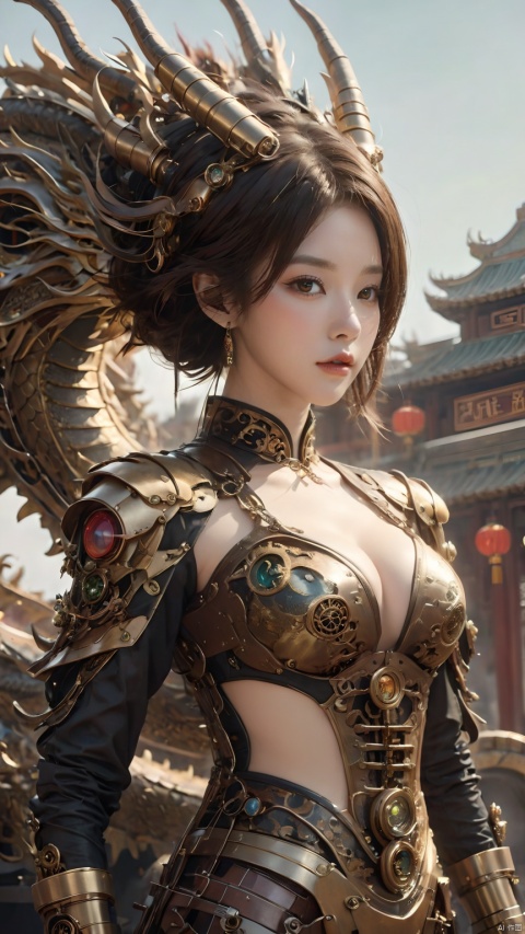 Complex mechanical structure of the Chinese dragon,Steampunk,Machinery Chinese Loong,1girl,breasts,cleavage,fantasy,details,strapless ,Slightly sideways, upper body, above buttocks, looking at the camera,armor,Precision structure,jewelry,lips,looking at viewer,medium breasts,short hair,upper body
