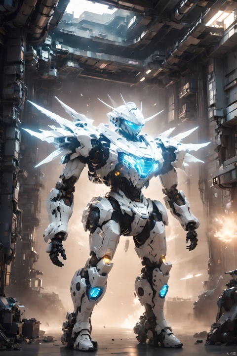  (masterpiece, best quality:1.2),glowing,Alien mecha,machinery,mecha,Luminous mecha,Complex mecha structure,White mecha,indoor,full body,Super complex mechanical structure,no humans,photo background,realistic,science fiction,weapon,smoke,1girl