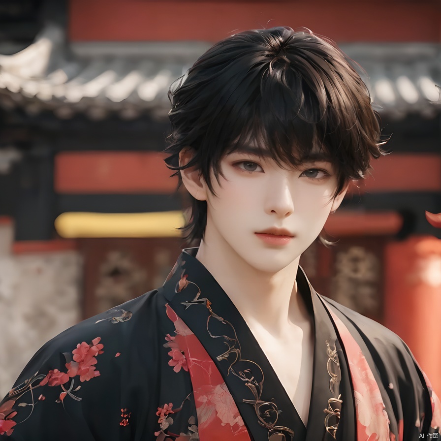1boy,black hair,blurry background,brown eyes,chinese clothes,Short hair,ancient Chinese architecture,standing,Black Zhongshan suit,Middle split head,depth of field,floral print,lips,Long hair,solo,upper body
