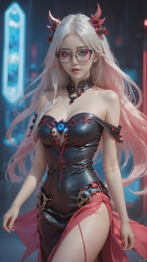 Dimensional Armory,wearing black and red, Anime girl in bare-shoulder dress,with long white hair,wearing black glasses frame,glowing pink special effects,gradient blue and pink Lights,light blue background,rich details,Expose the mechanical mask of the eyes,ultra high resolution,32K UHD,best quality,masterpiece,