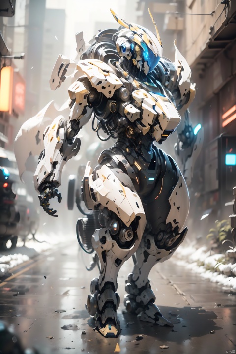  robot,blurry,Mecha,Full mecha,full body, blurry background, cable, depth of field,Streamlined mecha, glowing,Luminous mecha,Complex mechanical structures,Non humanoid head features,One eyed like a camera lens,Glowing Cyclops,White and black mecha,Multi light source mecha, glowing eyes, lights, machinery, mecha, power armor, robot, robot joints, science fiction, solo, Robot, Mech Combat Vehicle