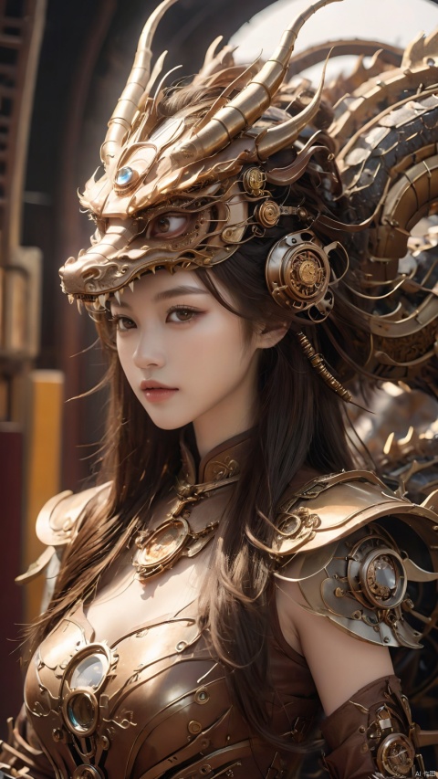 Complex mechanical structure of the Chinese dragon,Steampunk,Machinery Chinese Loong,1girl,armor,brown eyes,details,close-up,Looking at the camera,Upper body, above chest,Oblique lateral body,Metal helmet,Precision structure,brown hair,fantasy,lips,long hair,steampunk