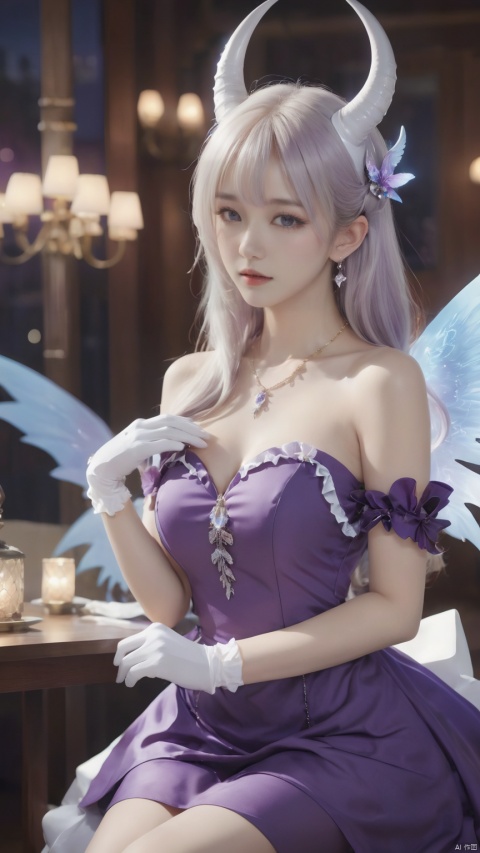 1girl,(masterpiece:1.3),( beautiful:1.2),(high quality:1.2),(finely detailed:1.2),extremely detailed CG unity 8k wallpaper,best quality,a very delicate and beautiful,perfect fingers,(one cute girl at the center:1.2), gloves, dress, bare shoulders, jewelry, pantyhose, earrings, frills, elbow gloves, necklace, petals, strapless, frilled dress, strapless dress, purple dress, purple gloves, hinaDress,hinaBA, long hair, bangs,hair ornament, very long hair, purple eyes,ahoge, white hair,wings, horns,hairclip,parted bangs, halo,demon girl, demon horns, forehead,demon wings, low wings, multiple horns, hina\(bluearchive\), glow