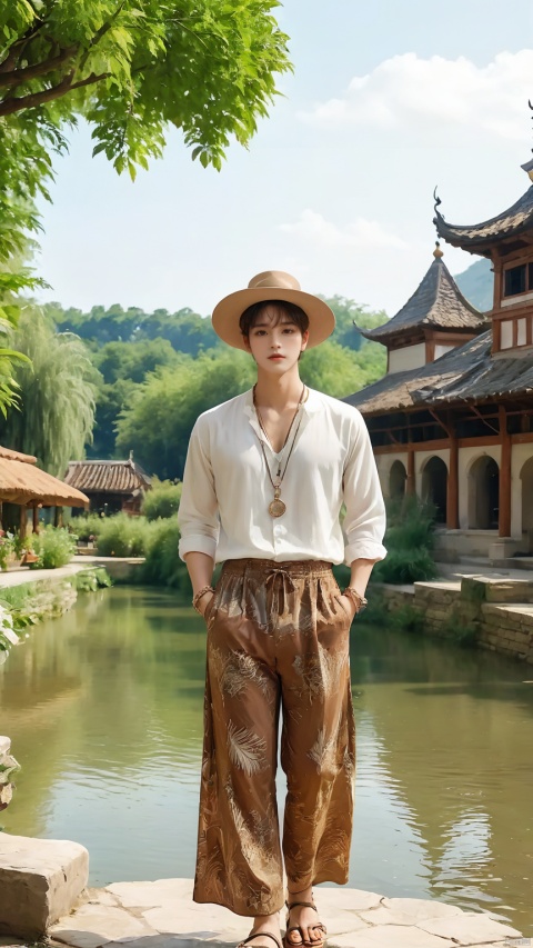 1boy, loose printed pants, flowing shirt, sandals, big brimmed hat, ring, long necklace, woven handbag, guitar, folk music, garden, love for nature, all food store, Renaissance architecture, creek, calligraphy exhibition