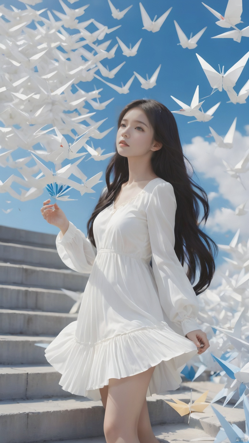 1girl, solo,angel, long hair, black hair, long sleeves, dress, standing, outdoors, sky, barefoot, day, white dress, blue sky, scenery, blue theme,White stairs, wide shot,floating White Thousand Paper Crane,detailed background,Many thousand paper cranes,Standing on the steps and looking up at the sky,Aestheticism Painting,intricate detail,infant,