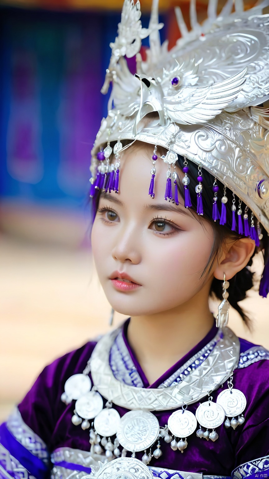 1girl, Close-up, upper body, sideways, looking at the camera, shut up, silver metal headdress, complex headdress, complex jewelry, round silver necklace, Hmong costume, purple Hmong costume, miao Silver Phoenix Crown, jewelry, lips, short hair, solo, blurred background, depth of field,Miao Silver Phoenix Crown