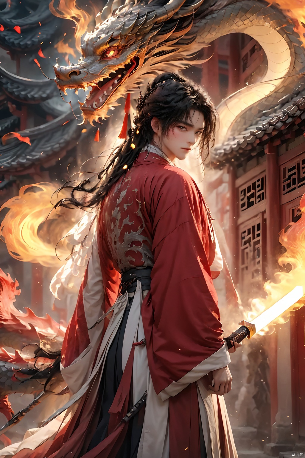  (masterpiece, best quality:1.5), smoke dragon,1boy, black hair, Breathing fire, combustion, ember, whole body, Keep, Keep sword, Keep arms,dark magic,Ancient Chinese Hanfu, long hair, long sleeves, looking at the audience, male focus, Red theme, alone, Permanently installed, sword, very long hair, arms, 1BOY, glow