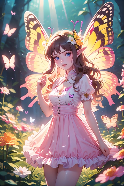  1girl,Butterflies on the Head, antennae, blue butterfly, blue wings, blurry, blurry background, brown hair, butterfly, butterfly hair ornament, butterfly on hand, butterfly wings, cleavage, fairy, fairy wings, flower, flying, glowing butterfly, glowing wings, green wings, hair ornament, ice wings, insect wings, lips, long hair, medium breasts, motion blur, multicolored wings, nature, pink wings, pointy ears, purple wings, solo, transparent wings, white butterfly, white wings, wings, yellow butterfly, yellow wings,Dawn Elf,dawn,glow,Glowing wings,Dress,Multiple butterflies,Glowing Butterfly,Super large wings, pink fantasy