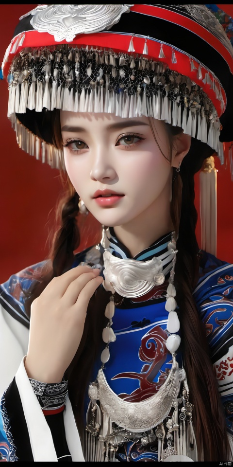 Best quality,masterpiece,16K,realistic,cinematic image quality,realistic,1girl,Chinese Yi ethnic clothing,Silver metal headwear,brown eyes,earrings,hat,jewelry,Yi ethnic metal jewelry,A huge metal hat,Headwear metal tassels,Silver metal hat,lace,lace trim,lips,long hair,looking at viewer,parted lips,solo,upper body,