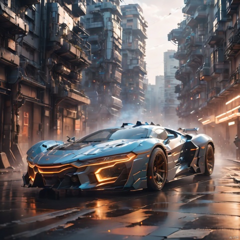 A super mecha combat vehicle, （sports car：1.5）, future technology, complex structure, luminous sports car, multi-light sports car, mecha structure, luminous headlights, line light on the car body, driving in the street, buildings, cities, ruins, smoke, depth of field, best quality, masterpiece, 8k., circuitboard