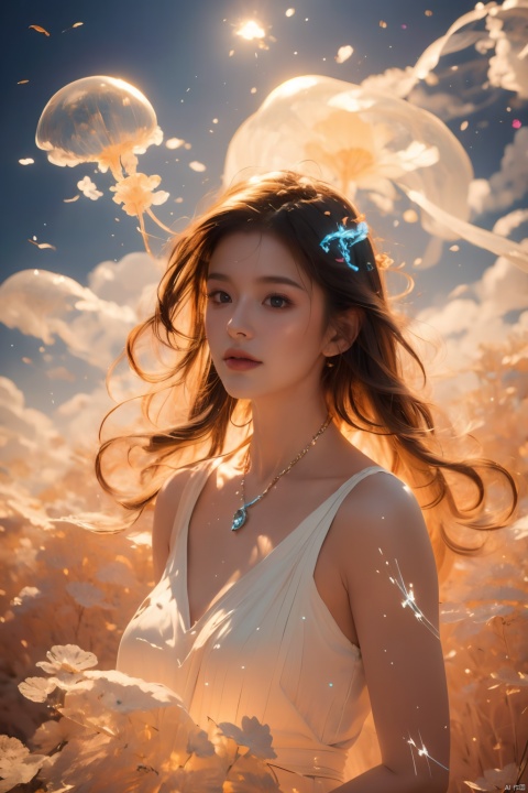  1girl,wearing Collectable Space Age Pearlescent Bracers, soft focus, Modern Art, （key light：1.2）,flower,jellyfish, Grayscale, glittering, runes,( Light streaks:1.3), （highly detailed：1.3）, 8K,jellyfishforest,,Fractal,smoke, cloud,Soaring through the clouds and mist