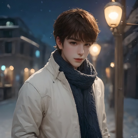 1boy,brown eyes,brown hair,coat,scarf,Bangs,outdoor,standing,White sweater,night,lamp,sweater,lips,looking at viewer,realistic,Long hair,solo