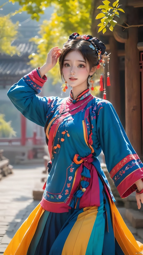  1girl,(Dynamic Pose:1.5),Chinese Yi ethnic clothing,A girl from the Yi ethnic group holds hands and performs a traditional dance. She is dressed in Yi ethnic costumes and has a bright smile, showing off her youthful vitality, 1girl