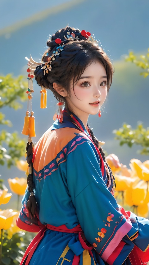  1girl,(Dynamic Pose:1.5),Chinese Yi ethnic clothing,A girl from the Yi ethnic group holds hands and performs a traditional dance. She is dressed in Yi ethnic costumes and has a bright smile, showing off her youthful vitality, 1girl