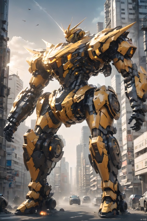  (masterpiece, best quality:1.2),Giant mecha,Vital Suits ,bridge,building,car,city,city lights,cityscape,crosswalk,day,debris,destruction,east asian architecture,gate,glowing,glowing eyes,ground vehicle,gun,Super complex mechanical structure,full body,Yellow, silver, and black mechs,Complex mecha structure,Luminous mecha,mecha,motor vehicle,no humans,orange eyes,outdoors,radio antenna,realistic,road,ruins,science fiction,skyscraper,street,1girl