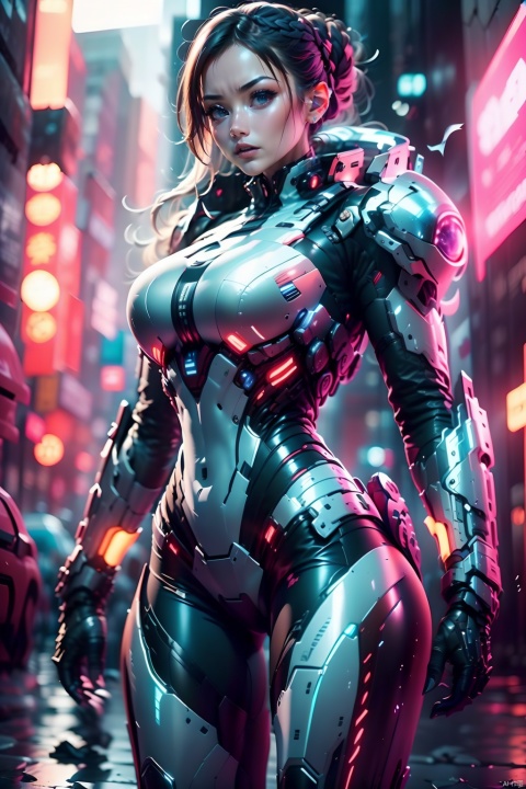  1girl,Future style gel coat,Future Combat Suit,armor,blurry background,bodysuit,breasts,building,Glowing Clothing,Shoulder mecha,Oblique lateral body,Above the knee,Grey gel coat,Upper body,Clothing with multiple light sources,city,cowboy shot,cyberpunk,depth of field,looking at viewer,medium breasts,realistic,science fiction,solo,standing,机械耳机, Aerospace mecha