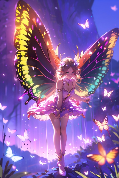  1girl,Butterflies on the Head, antennae, blue butterfly, blue wings, blurry, blurry background, brown hair, butterfly, butterfly hair ornament, butterfly on hand, butterfly wings, cleavage, fairy, fairy wings, flower, flying, glowing butterfly, glowing wings, green wings, hair ornament, ice wings, insect wings, lips, long hair, medium breasts, motion blur, multicolored wings, nature, pink wings, pointy ears, purple wings, solo, transparent wings, white butterfly, white wings, wings, yellow butterfly, yellow wings,Dawn Elf,dawn,glow,Glowing wings,Dress,Multiple butterflies,Glowing Butterfly,Super large wings, pink fantasy, mLD, guidao