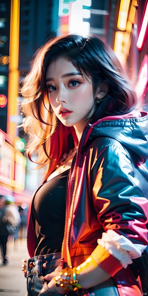 (best quality:1.3),(masterpiece:1.2),16k,Neon light background,Cyberpunk background,Cyberpunk,The lighting effect reflected by neon lights on the character's body,Neon lighting effect,Neon Line Light,1girl,night,blurry background,bracelet,brown eyes,city,denim,depth of field,Upper body, side body, above thighs,hands in pockets,hood,hoodie,jacket,jeans,jewelry,lips,long hair,looking at viewer,multicolored hair,neon lights,open clothes,parted lips,solo,standing