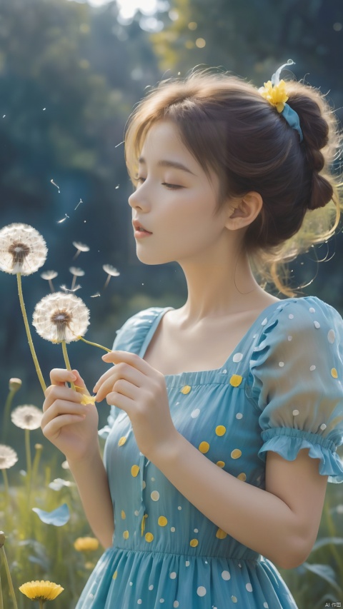 blue theme,Tie dyeing,A girl holding a dandelion flower, wearing a blue dress with white dots and yellow flowers on it, blowing away small petals in the style of light skyblue and pale aquamarine illustrations, a simple line drawing reminiscent of children's book illustrations and storybook art, with colorful cartooning and playful character design