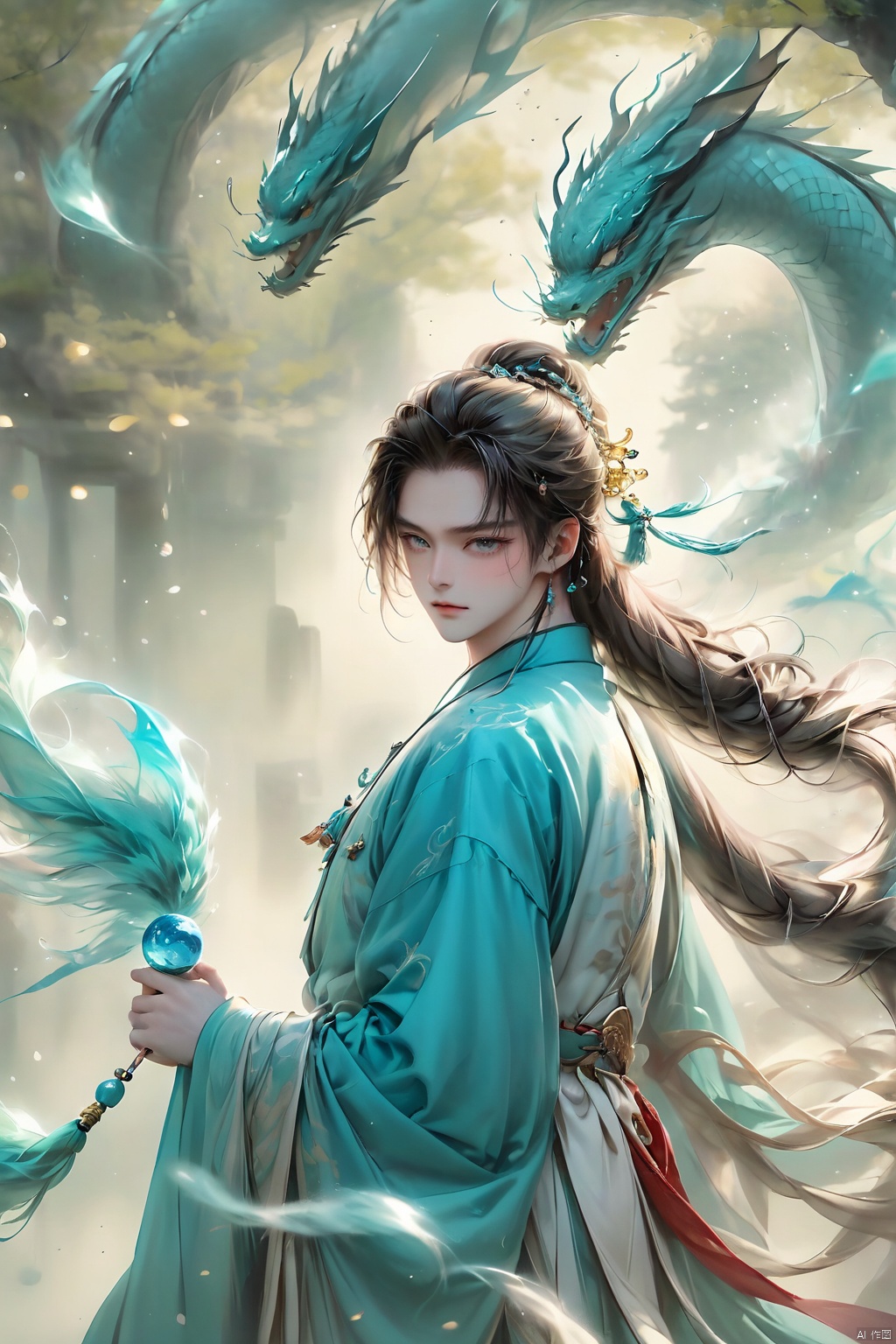 Wind Magic, 1 boy, dynamic pose, holding wind spiral ball, cyan energy spiral ball, spiral, long trailing energy spiral tail, water color hair, depth of field, eyelashes, hair accessories, jewelry, lips, long hair, look at the audience, reality, solo, upper body, water, ancient Chinese Hanfu, wind, glow, hand