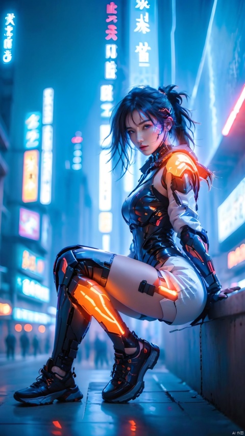  1girl,Dynamic Pose, Lines of light on the body,armor,(One leg squat, one leg kneeling, looking at the camera：1.5）, glowing clothing, shoulder mech, thigh mech, slanting body, above the knee, upper body, multi-light clothing, city, cyberpunk, depth of field, independence, architecture,A cyberpunk girl, hand