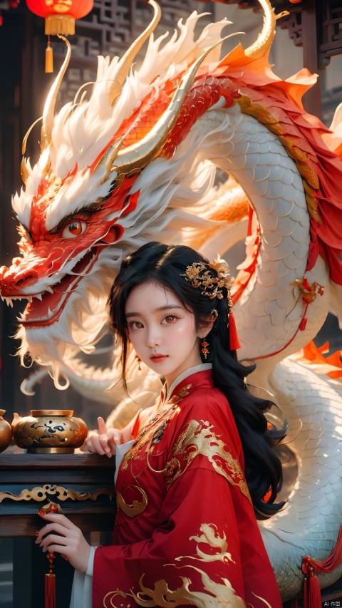 The girl and the Chinese dragon,Chinese dragon,1girl,black hair,Chinese Hanfu,dragon,squama ,The hair on the faucet,Ultimate details,Dragon horn,close-up,Wearing a red gold border Hanfu,Red Dragon Face,The dragon head is suspended on the girl's head,Silver Dragon,The girl leaned against the gilded stone table, sideways,Close range,Open the dragon's mouth,eastern dragon,jewelry,long hair,long sleeves,open mouth,orange eyes,scales,solo,standing,teeth, Chinese dragon
