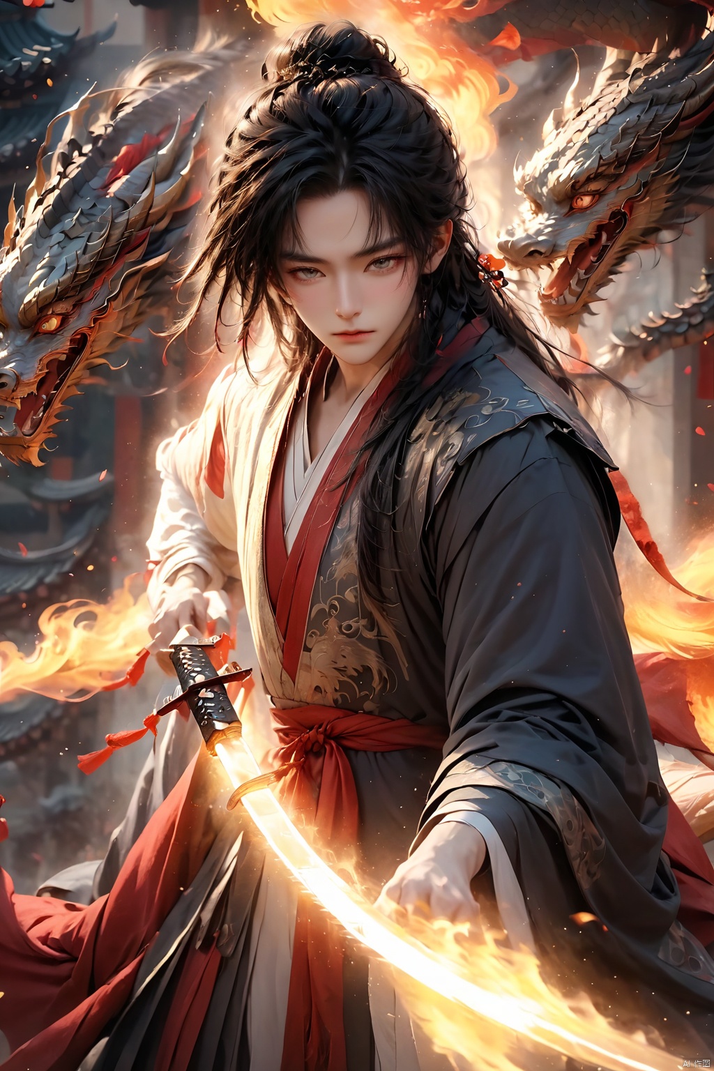  (masterpiece, best quality:1.5), smoke dragon,1boy, black hair, Breathing fire, combustion, ember, whole body, Keep, Keep sword, Keep arms,dark magic,Ancient Chinese Hanfu, long hair, long sleeves, looking at the audience, male focus, Red theme, alone, Permanently installed, sword, very long hair, arms, 1BOY, glow