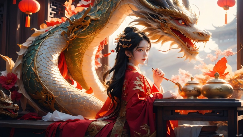  The girl and the Chinese dragon,Chinese dragon,1girl,black hair,Chinese Hanfu,dragon,squama ,The hair on the faucet,Ultimate details,Dragon horn,close-up,Wearing a red gold border Hanfu,Red Dragon Face,The dragon head is suspended on the girl's head,Silver Dragon,The girl leaned against the gilded stone table, sideways,Close range,Open the dragon's mouth,eastern dragon,jewelry,long hair,long sleeves,open mouth,orange eyes,scales,solo,standing,teeth, Chinese dragon, glow