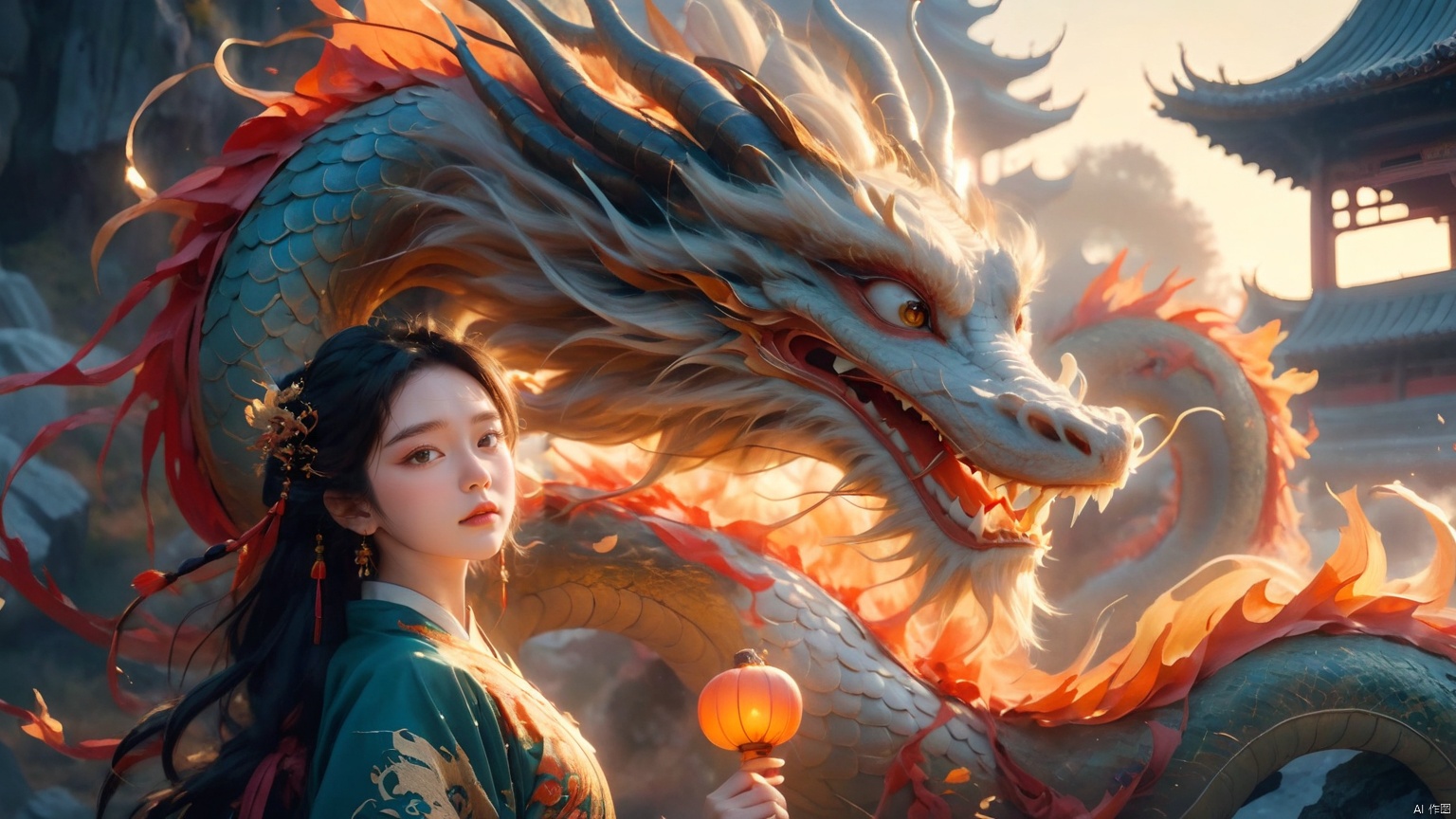 The girl and the Chinese dragon,Chinese dragon,1girl,autumn,autumn leaves,Chinese Hanfu,squama ,The hair on the faucet,Ultimate details,Dragon horn,The graceful and winding dragon body,black hair,campfire,cloud,The girl stood on the dragon's body, leaning sideways, with rocks blocking her feet,The dragon head is suspended above the girl,Mid to close range,Red Dragon,dragon,Open the dragon's mouth,The camera looks up from below,dragon horns,eastern dragon,evening,gradient sky,horns,long hair,scales,sky,smoke,sun,sunset,teeth,twilight, Chinese dragon, glow