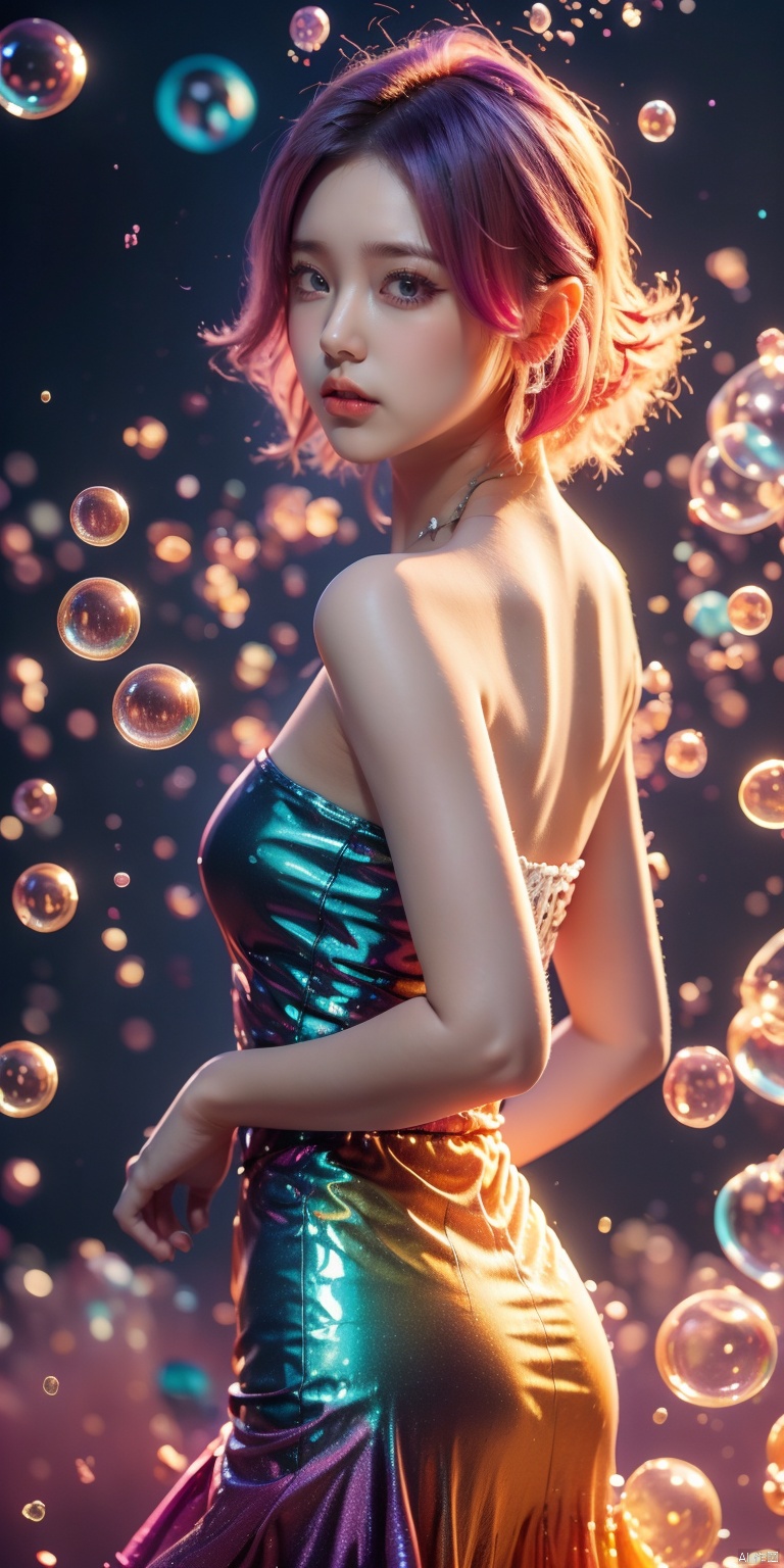  Colorful Girl, 1Girl,Colorful bubbles, multi colored bubbles,Close up, sideways, upper body, above buttocks, off the shoulder, strapless dress, black thin suspender, looking at the camera, short hair, purple gradient hair, gradient background, colorful bubble background, depth of field,hand