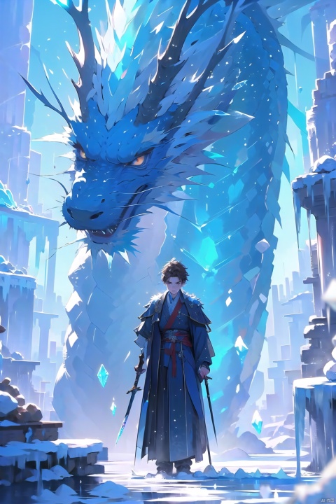  ice magic,(1boy:1.5),1boy, solo,full body,front
,brown hair,handsome, white skin,holding sword,sword,blue theme, holding, holding sword, holding weapon, ice,Ice Magic,Ice crystal,Icicles,ice,Chinese Ice Dragon,short hair,whole body,solo, standing, sword, weaponFacial detail portrayal,Perfect facial features,standing,watch audience, guidao