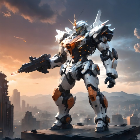  (masterpiece, best quality:1.2), Giant mecha, Vital Suits , building, city, city lights, cityscape, cloud, cloudy sky, destruction, evening, glowing, Luminous mecha, Complex mecha structure, White, orange, and black mecha, Strong mecha body, Multi light source mecha, Giant mecha firearms, full body, Super complex mechanical structure, holding gun, mecha, mountain, no humans, outdoors, power armor, realistic, ruins, science fiction, sky, skyline, skyscraper, smoke, weapon, 1girl,