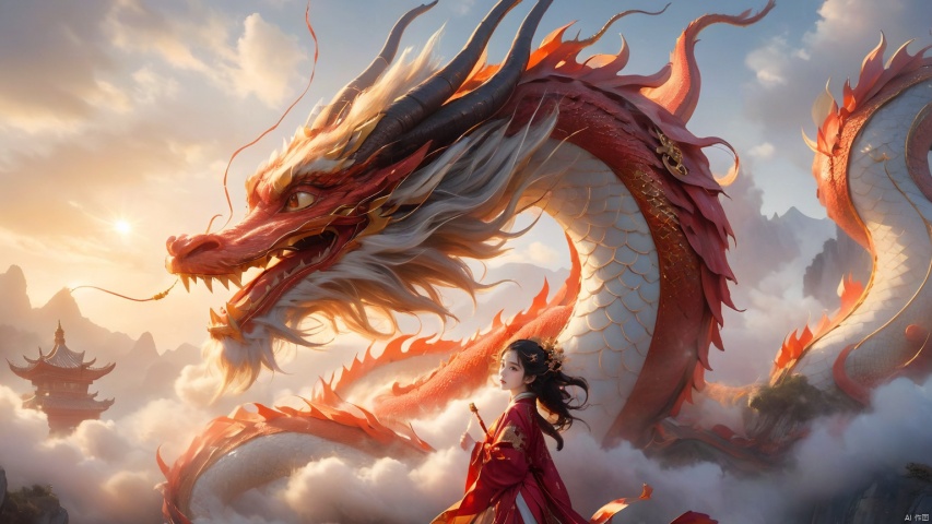 The girl and the Chinese dragon,Chinese dragon,1girl,Dragon Claw,Chinese Hanfu,cloud,squama ,The hair on the faucet,Ultimate details,Dragon horn,The graceful and winding dragon body,cloudy sky,dragon,dragon horns,eastern dragon,Open the dragon's mouth,The girl stands on the dragon's body, with a back and a metal decorative object behind her,Close range,Red Dragon,evening,gradient sky,The camera looks up from below,horns,long hair,mountain,open mouth,orange eyes,outdoors,scales,sky,smoke,solo,sun,sunset,teeth,twilight, Chinese dragon, glow,Hazy light