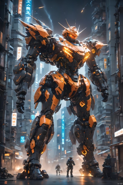  (masterpiece, best quality:1.2),Giant mecha,Vital Suits ,city,city lights,cityscape,Luminous mecha,Complex mecha structure,Black and orange mecha,full body,Super complex mechanical structure,glowing,gun,mecha,orange eyes,realistic,science fiction,1girl