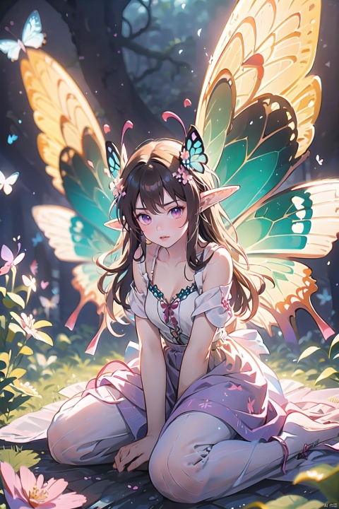  1girl,Butterflies on the Head, antennae, blue butterfly, blue wings, blurry, blurry background, brown hair, butterfly, butterfly hair ornament, butterfly on hand, butterfly wings, cleavage, fairy, fairy wings, flower, flying, glowing butterfly, glowing wings, green wings, hair ornament, ice wings, insect wings, lips, long hair, medium breasts, motion blur, multicolored wings, nature, pink wings, pointy ears, purple wings, solo, transparent wings, white butterfly, white wings, wings, yellow butterfly, yellow wings,Dawn Elf,dawn,glow,Glowing wings,Dress,Multiple butterflies,Glowing Butterfly,Super large wings