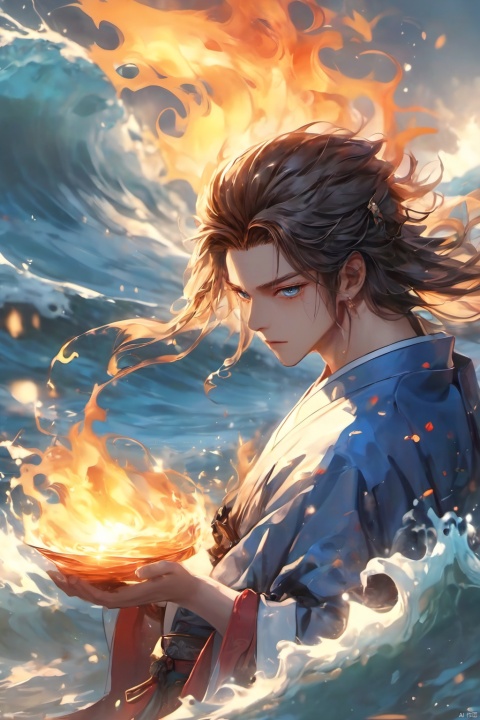 1 boy, upper body, dynamic pose, hanbok, blue eyes, burning hair, shut up, evening, fire, fire, floating hair, liquid, flowing water, water magic, liquid fire, long hair, looking at the audience, ocean, partially submerged, ripples, solo, water, droplets, waves, moisture