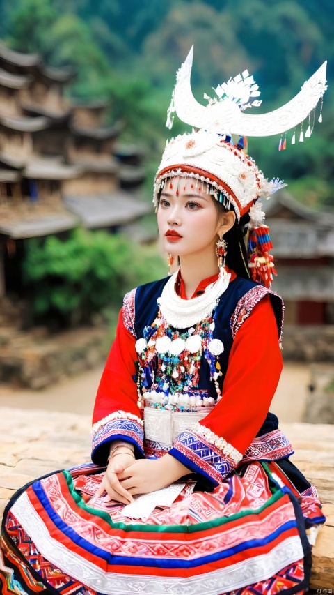 1girl, Slanting, upper body, above thigh, sitting position, bank, hands on thigh, blurred background, earrings, jewelry, lips, cloth headdress, complex jewelry, simple headdress, Hmong clothing, red printed Miao clothing, Miao Cloth Phoenix Crown, look at the audience, outdoors, their hands together, red lips, solo, hand