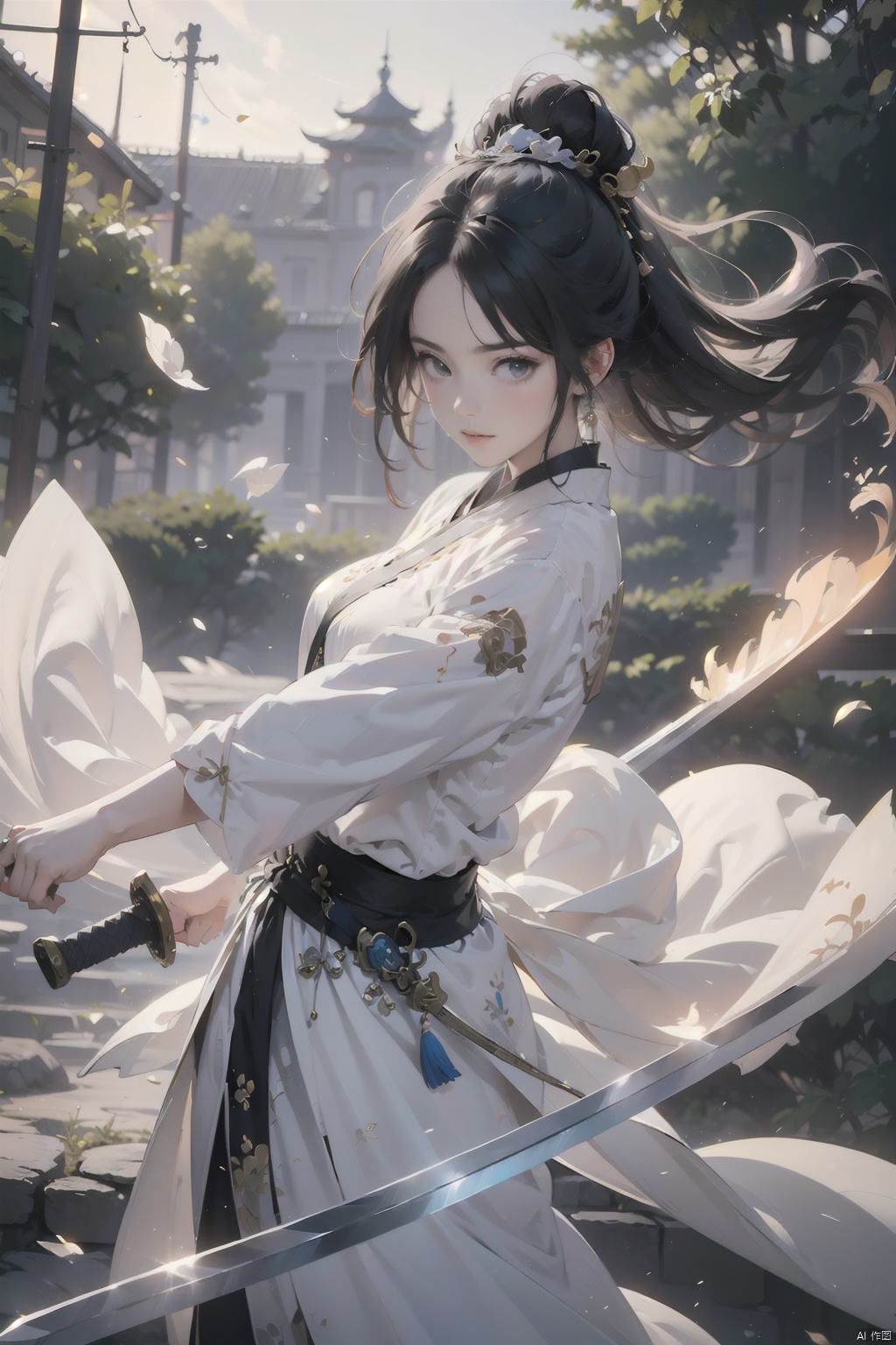 1girl, female swordsman, holding a sword, sword dance, white Hanfu, dynamic posture, printing, headdress, best quality, masterpiece, 8k,Multidimensional diffraction paper, Multidimensional diffraction paper, jianxian