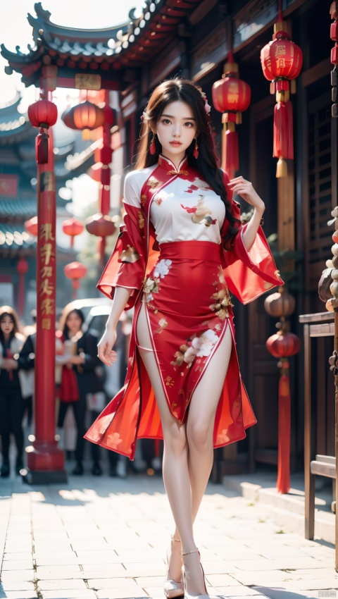 1girl,Chinese New Year,Welcoming Spring Girl,Spring welcome clothing,Hanfu,Chinese knot,Red Theme,White top,Big long legs,Red skirt,The huge mecha building behind it,full body,front,Animal mechs crossing over their feet,Tassel earrings,Looking up,Red leggings,ancient Chinese architecture,Red Lantern,Zhang Deng Jie Cai,Full of joy and joy,Spring Festival couplets,Ancient Chinese script,Brown eyes,Clothing printing, Bride in wedding attire,Red wedding dress