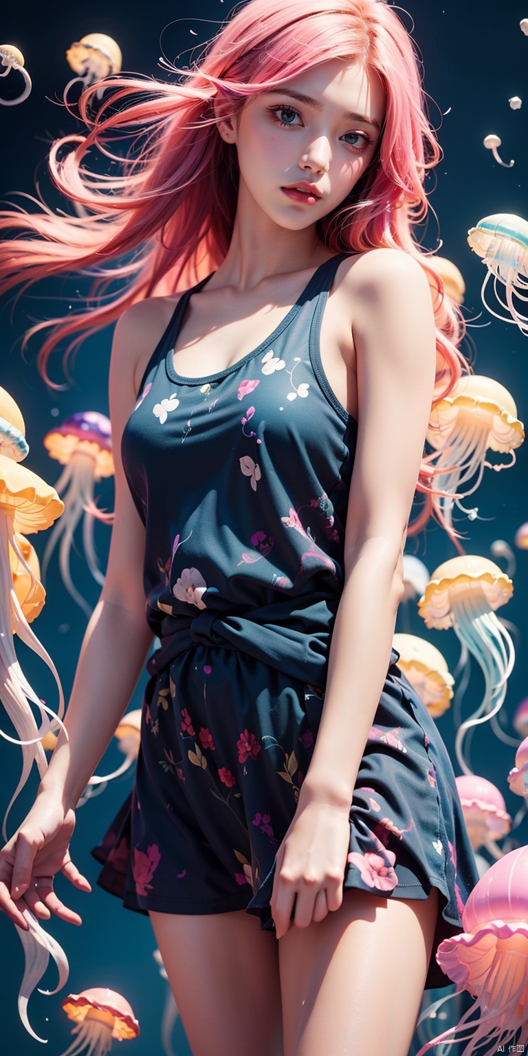 Colorful Girl, 1Girl,Colorful jellyfish, colorful jellyfish floating in the air,Close shot, large jellyfish on head, front, upper body, above thighs, blue **** top dress, complex fluid shaped colored short skirt at waist, off shoulder, colorful print, looking at the camera, colored gradient hair, dark gradient background, depth of field, glow, hand101, 1girl, 1 girl