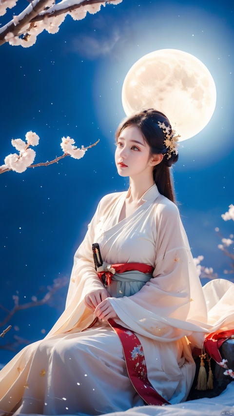 full moon,A huge moon, another moon shadow behind the moon,moonlight,1girl,Girl's posture,cloud,constellation,galaxy,hanfu,light particles,lips,milky way,night,Sitting posture,Close up, slightly sideways, looking at the camera, full body,winter,Blue Hanfu with semi transparent sleeves,night sky,own hands together,sitting,sky,snow,snowflakes,snowing,solo,space,star \(sky\),starry sky,starry sky print