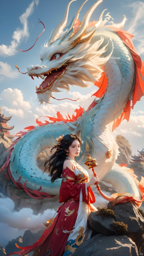 The girl and the Chinese dragon,Chinese dragon,1girl,bare shoulders,black hair,squama ,The hair on the faucet,Ultimate details,Dragon horn,blue sky,cloud,Close range,White Dragon,Golden Dragon Horn,The dragon head is suspended above the girl,The girl sat next to the dragon, on a rock, looking at the camera,Open the dragon's mouth,day,dragon,dress,eastern dragon,long hair,oversized animal,petals,scales,sky,solo,teeth,wind, Chinese dragon