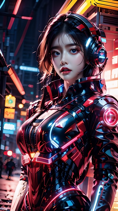  (best quality:1.3),(masterpiece:1.2),16k,1girl,blue eyes,brown hair,glowing,headphones,headset,looking at viewer,mecha,medium breasts,parted lips,Complex structure mecha,Blue glowing text on the chest,Full body silver white and black mecha,Metal mechanical collar,Robot arm,front,realistic,science fiction,short hair,solo,upper body,Above the abdomen,Mecha,Hard surface,Realistic materials,Glowing mecha,Multi light source mecha,night,Cyberpunk, Neon light background,Neon lighting effect,Cyberpunk background, robot
