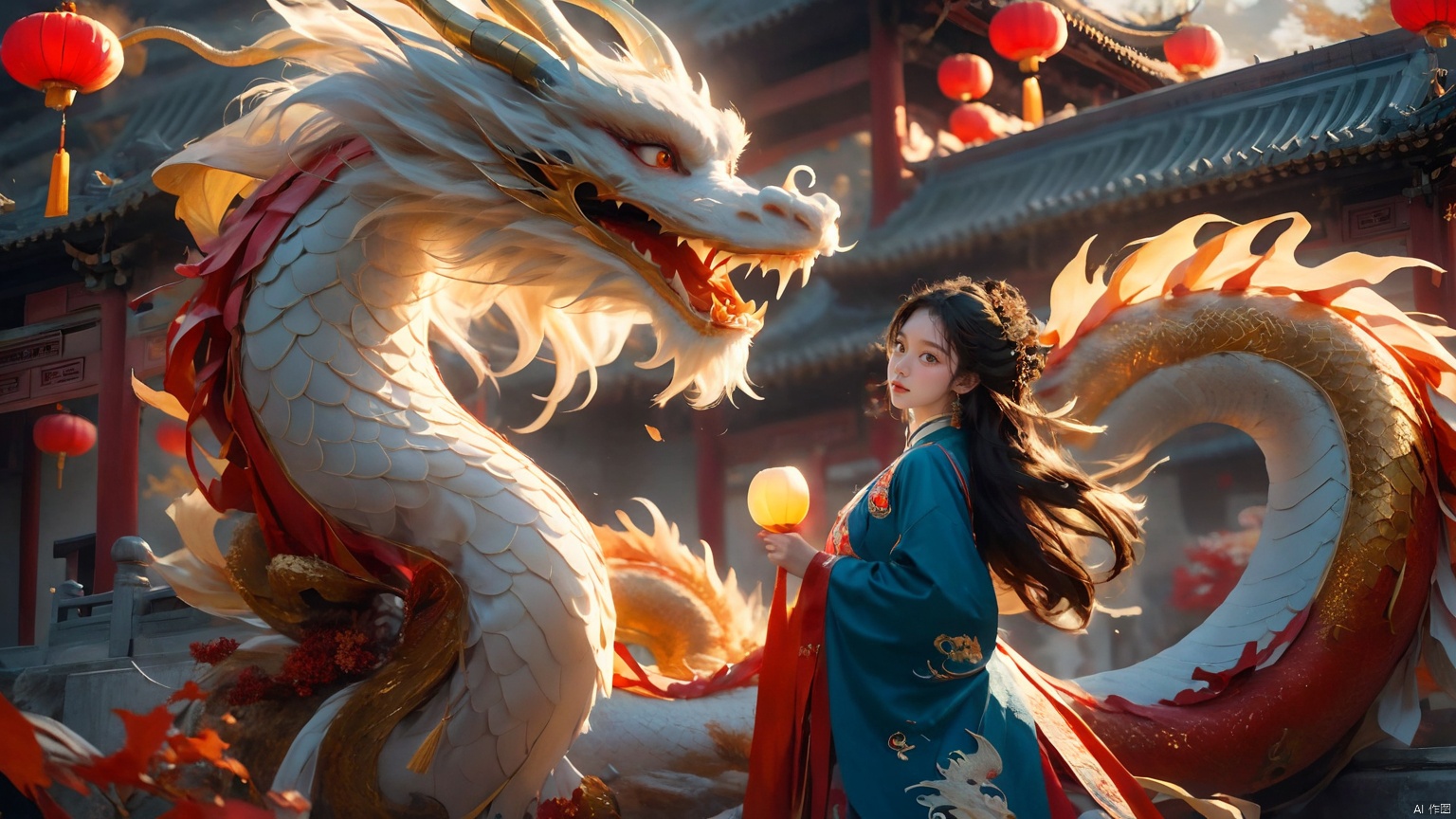 The girl and the Chinese dragon,Chinese dragon,1girl,autumn,autumn leaves,Chinese Hanfu,squama ,The hair on the faucet,Ultimate details,Dragon horn,The graceful and winding dragon body,campfire,chinese clothes,dragon,The girl stood in front of an ancient Chinese street, with her back to the camera and looking back, full body,The dragon's body approaches the girl,Blue Dragon,Complex Golden Crown,ancient Chinese architecture,Open the dragon's mouth,dragon horns,The camera looks up from below,east asian architecture,eastern dragon,horns,lantern,long hair,maple leaf,open mouth,paper lantern,red eyes,scales,teeth,very long hair, Chinese dragon, glow