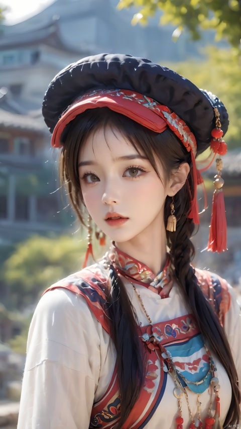 1girl,(Dynamic Pose:1.5),Yi ethnic Luoguo hat,Chinese Yi ethnic clothing,Silver metal headwear, armband, black hair, blunt bangs, blurry, blurry background, blurry foreground,Silver metal hat,Headwear metal tassels,Yi ethnic metal jewelry, brown eyes, day, depth of field, hat, lips, long sleeves, looking at viewer, outdoors, parted lips, solo, 1girl