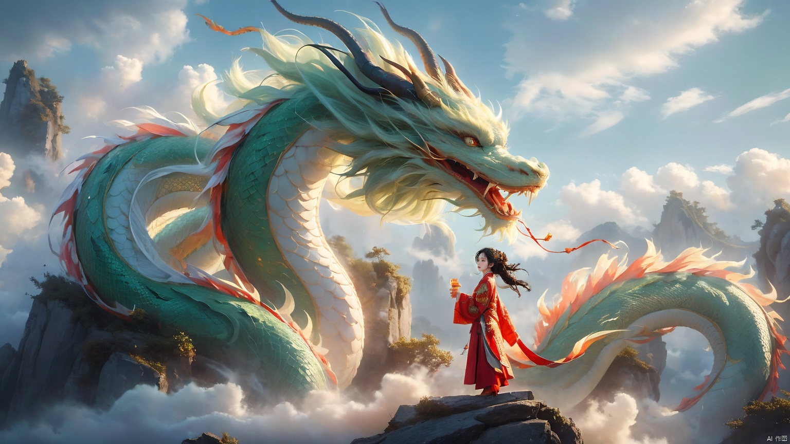 The girl and the Chinese dragon,Chinese dragon,1girl,black hair,cloud,Chinese Hanfu,squama ,The hair on the faucet,Ultimate details,Dragon horn,The graceful and winding dragon body,cloudy sky,day,The dragon's body approaches the girl,Mid to Long Range,Green Dragon,The girl stood on the stone, turned sideways, holding a cylindrical object in her hand, full body,Open the dragon's mouth,dragon,eastern dragon,hair ornament,horns,outdoors,oversized animal,scales,sky,solo,standing,teeth,water, Chinese dragon, glow
