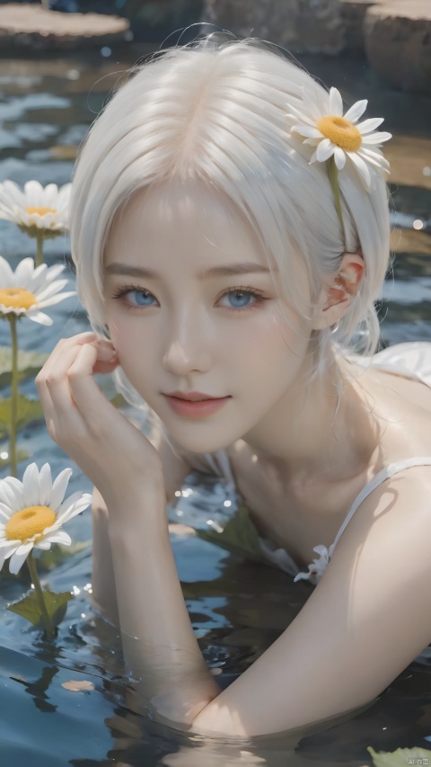 masterpiece,best quality,high quality,(colorful),[Artist onineko],[Artist chen bin],[Artist agwing86],[[Artist wlop]], 1girl, solo, flower, looking at viewer, white hair, blue eyes, white flower, water, closed mouth, partially submerged, short hair, smile, head rest, ripples, hands on own face, daisy, upper body