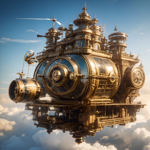 The best quality, masterpiece, steampunk, steampunk world, steampunk helicopter, floating castle in the air, steampunk architectural background, complex structure, super details, metallic texture, high reflection, ultra wide angle lens,