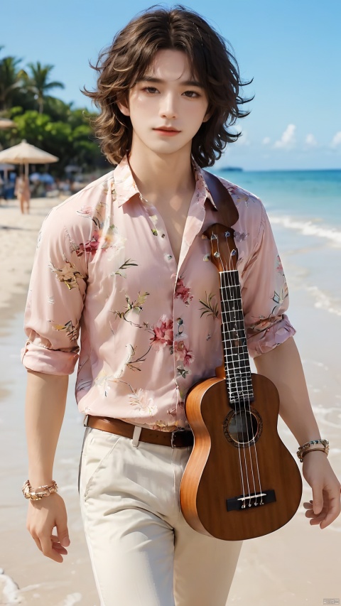 1boy, floral shirt, loose pants, sandals, ukulele, beach or grass, long or naturally curly hair, bracelet, ring, organ, stage play, concert, weekend market, sunset beach, travel bag, studio