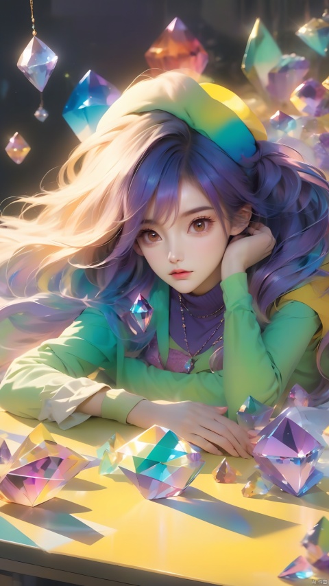 (masterpiece, best quali),1girl,brown eyes,classroom,crossed arms,desk,hat,indoors,Lying on the yellow desk,long hair,long sleeves,looking at viewe,sleeves past wrists,solo,sweater,Yellow vest,Crystal Girl, Colorful crystal decoration,Crystal necklace,Crystal on the body,Floating Colorful Crystal,Purple gradient hair,1girl, hand